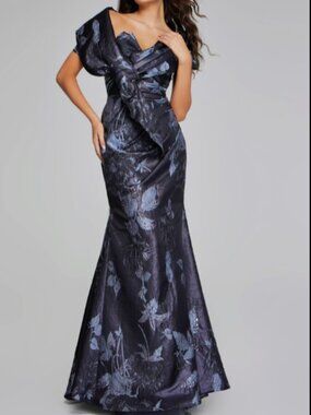 Jovani style 40309 Elegant Grey Multi-Floral Gown with Asymmetrical Detailing